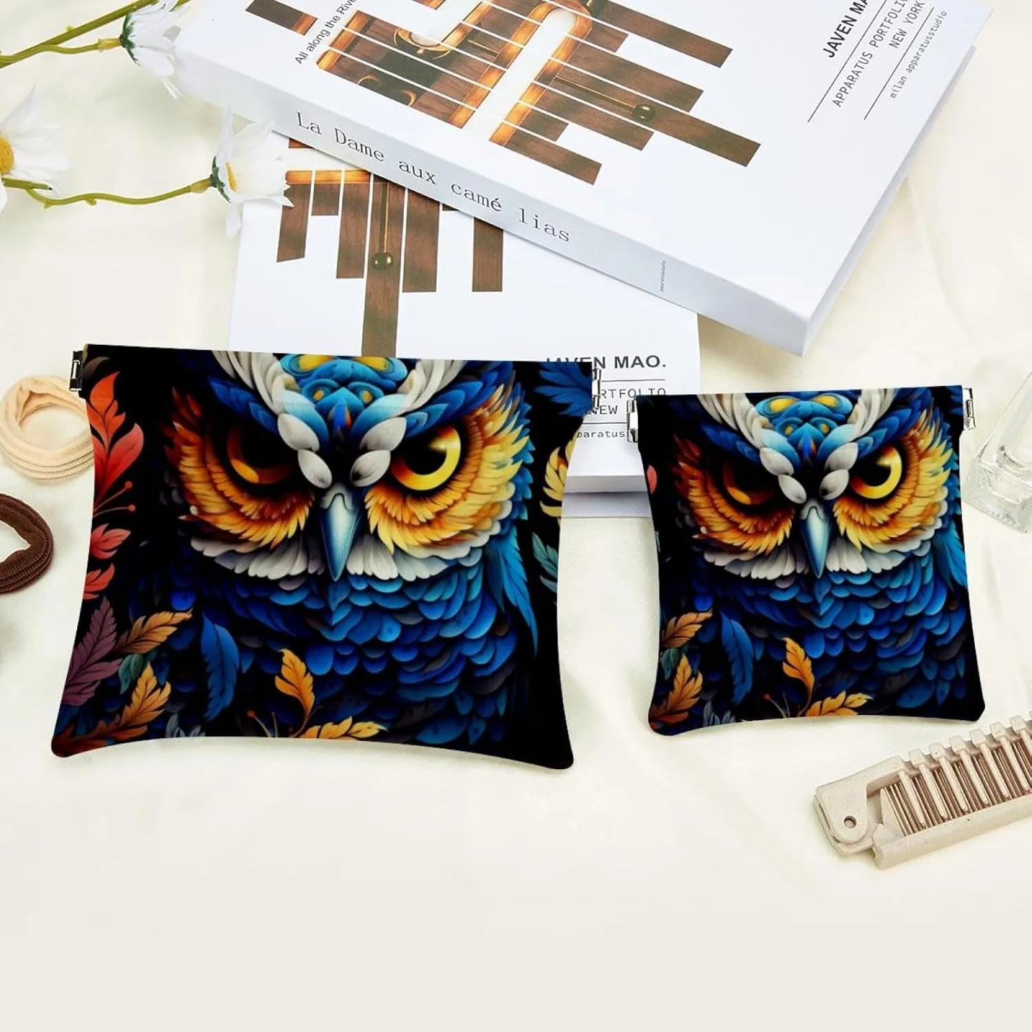 Small Pocket Cosmetic Bag, Squeeze Top Travel Makeup Bag for Purse, No Zipper Self-Closing Mini Makeup Pouch for Women Girls, Aesthetic Owl Night Forest Pattern-203