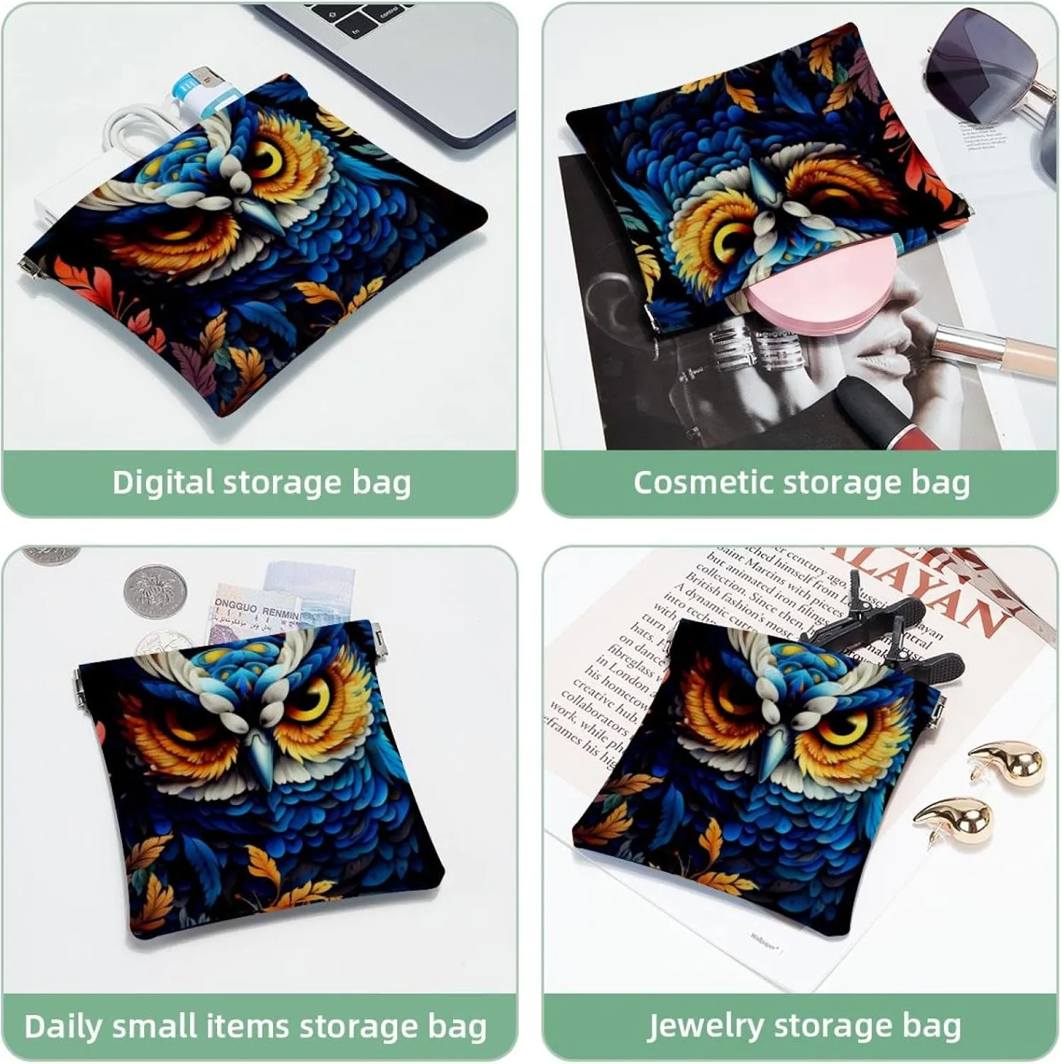 Small Pocket Cosmetic Bag, Squeeze Top Travel Makeup Bag for Purse, No Zipper Self-Closing Mini Makeup Pouch for Women Girls, Aesthetic Owl Night Forest Pattern-203