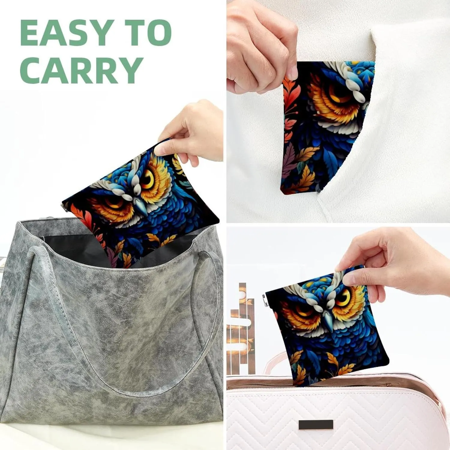 Small Pocket Cosmetic Bag, Squeeze Top Travel Makeup Bag for Purse, No Zipper Self-Closing Mini Makeup Pouch for Women Girls, Aesthetic Owl Night Forest Pattern-203