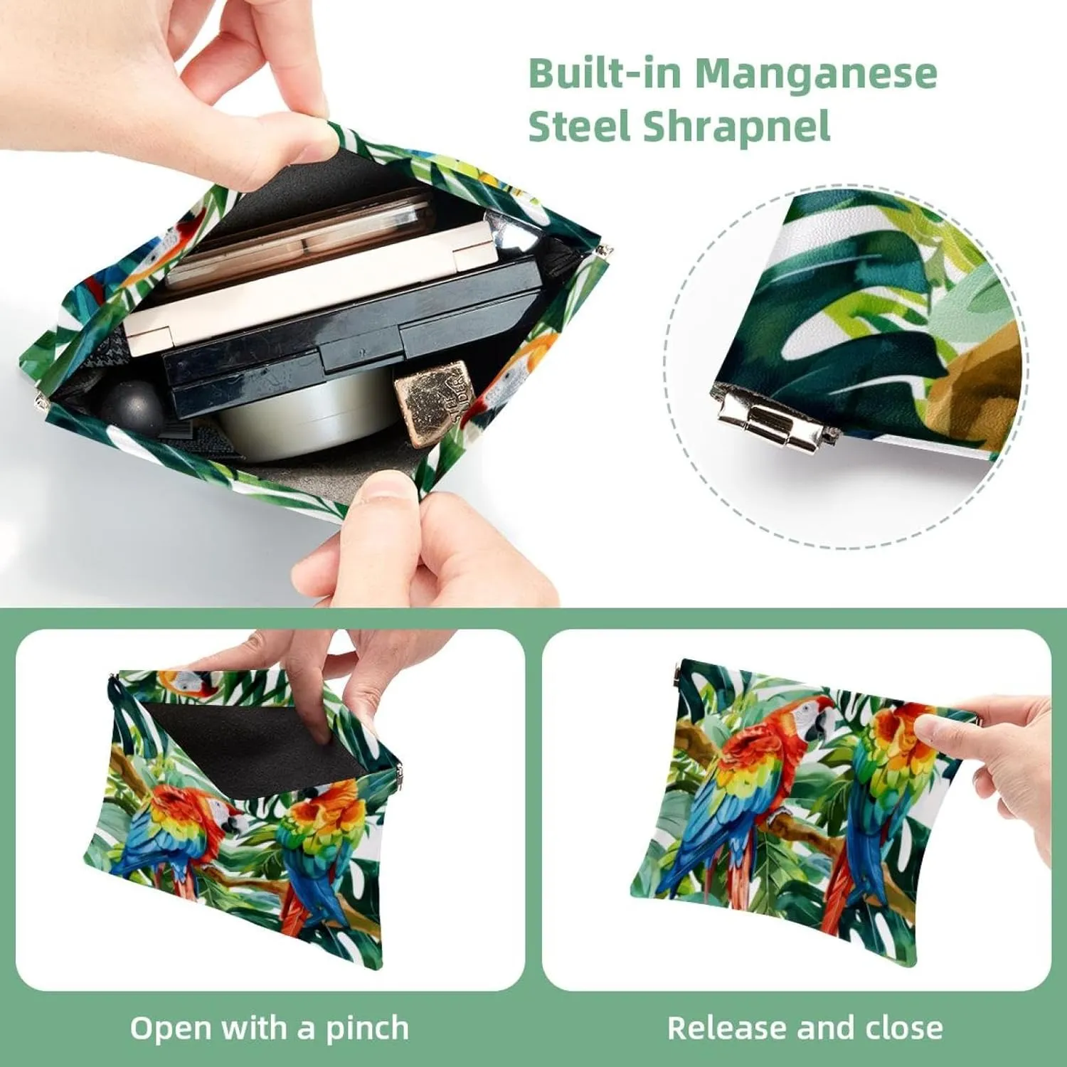 Small Pocket Cosmetic Bag, Squeeze Top Travel Makeup Bag for Purse, No Zipper Self-Closing Mini Makeup Pouch for Women Girls, Parrot Tropical Plant Watercolor Green Leaf