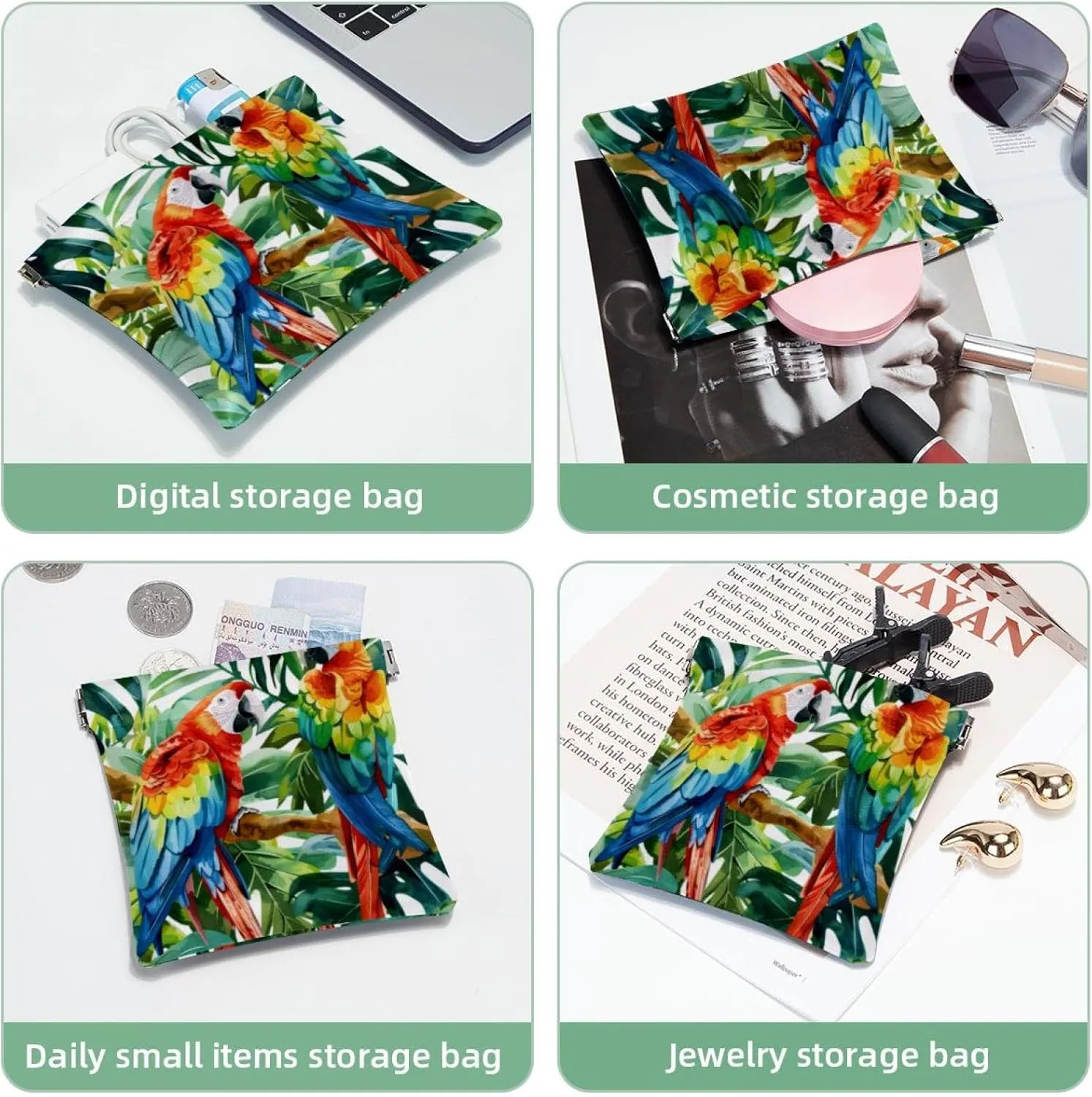 Small Pocket Cosmetic Bag, Squeeze Top Travel Makeup Bag for Purse, No Zipper Self-Closing Mini Makeup Pouch for Women Girls, Parrot Tropical Plant Watercolor Green Leaf