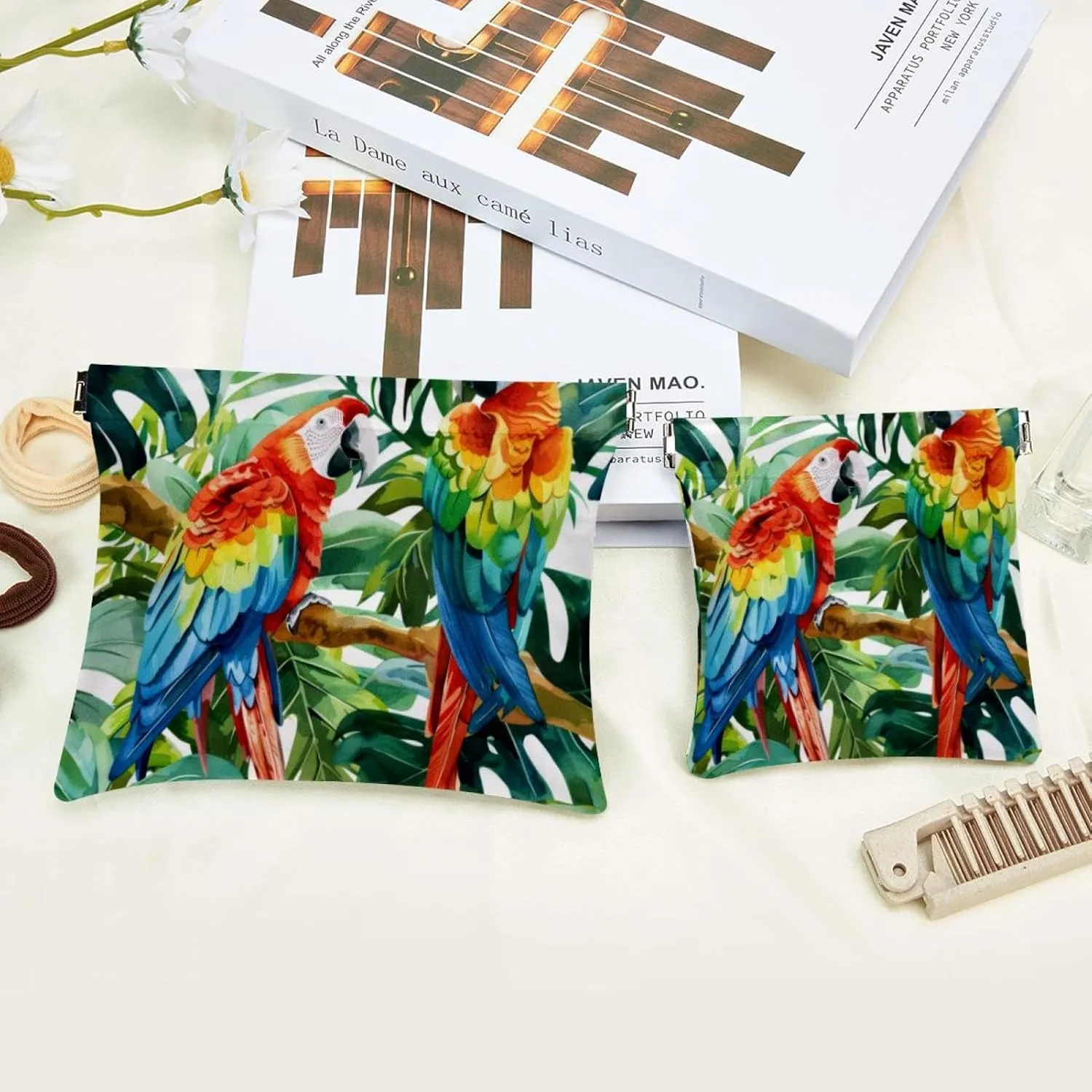 Small Pocket Cosmetic Bag, Squeeze Top Travel Makeup Bag for Purse, No Zipper Self-Closing Mini Makeup Pouch for Women Girls, Parrot Tropical Plant Watercolor Green Leaf