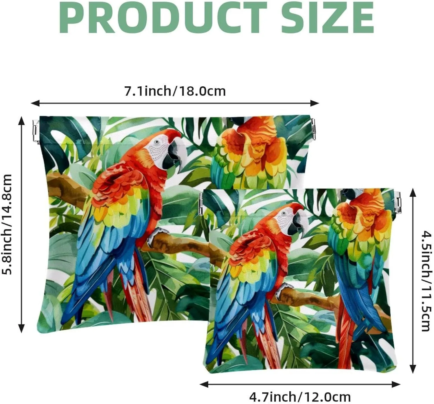 Small Pocket Cosmetic Bag, Squeeze Top Travel Makeup Bag for Purse, No Zipper Self-Closing Mini Makeup Pouch for Women Girls, Parrot Tropical Plant Watercolor Green Leaf