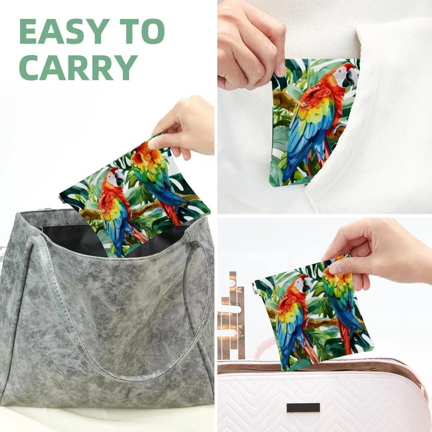 Small Pocket Cosmetic Bag, Squeeze Top Travel Makeup Bag for Purse, No Zipper Self-Closing Mini Makeup Pouch for Women Girls, Parrot Tropical Plant Watercolor Green Leaf