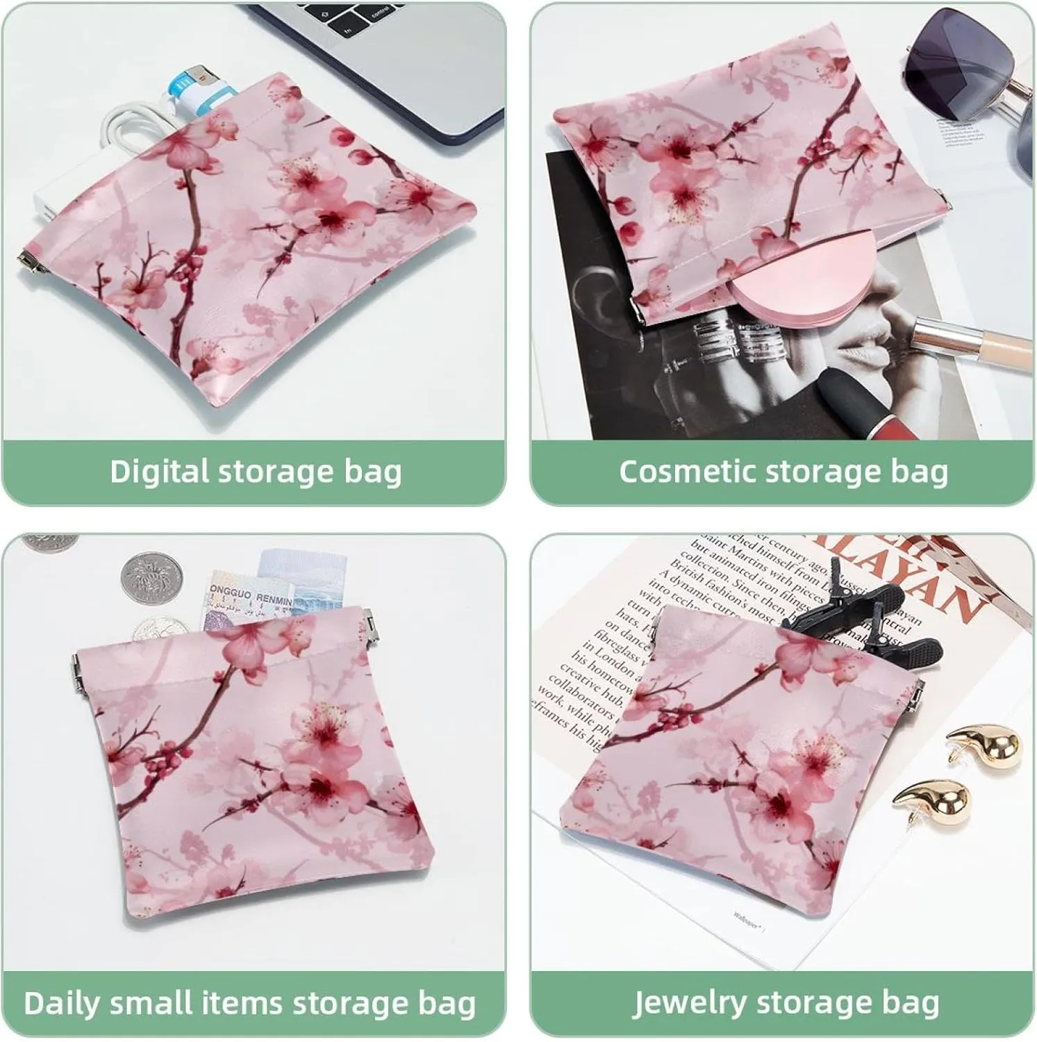 Small Pocket Cosmetic Bag, Squeeze Top Travel Makeup Bag for Purse, No Zipper Self-Closing Mini Makeup Pouch for Women Girls, Pink Cherry Blossom Pattern