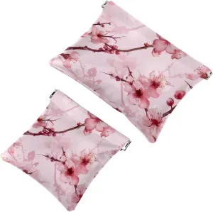 Small Pocket Cosmetic Bag, Squeeze Top Travel Makeup Bag for Purse, No Zipper Self-Closing Mini Makeup Pouch for Women Girls, Pink Cherry Blossom Pattern