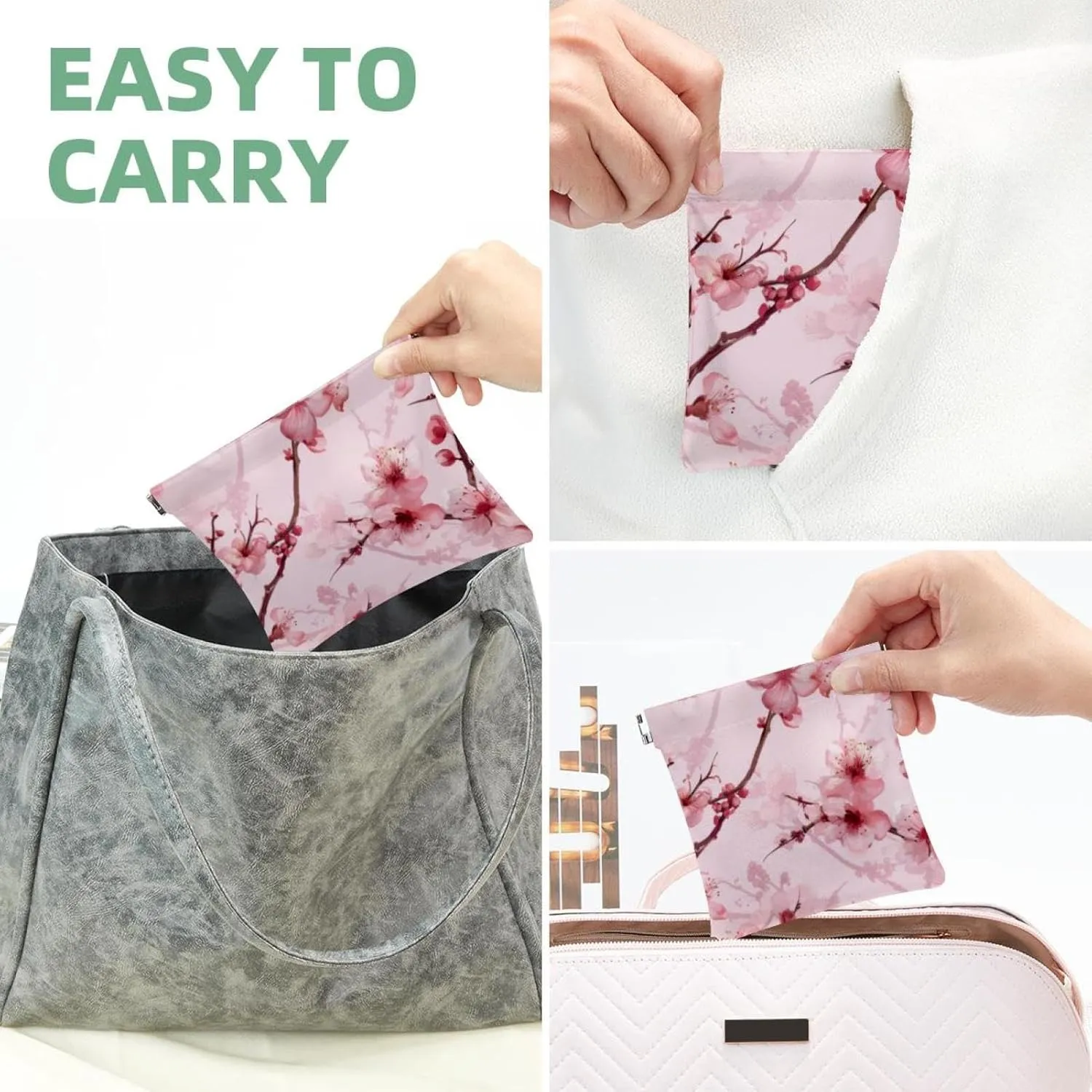 Small Pocket Cosmetic Bag, Squeeze Top Travel Makeup Bag for Purse, No Zipper Self-Closing Mini Makeup Pouch for Women Girls, Pink Cherry Blossom Pattern