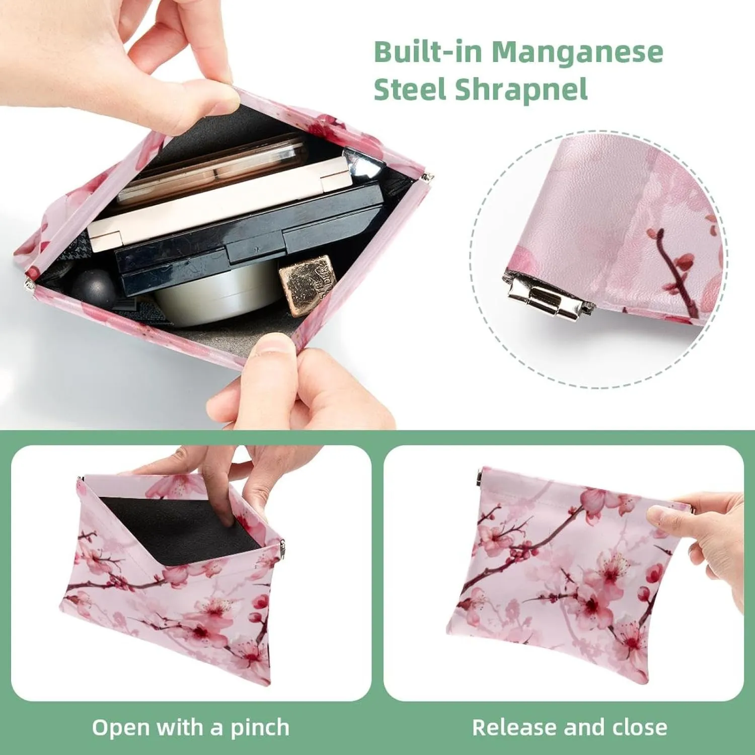 Small Pocket Cosmetic Bag, Squeeze Top Travel Makeup Bag for Purse, No Zipper Self-Closing Mini Makeup Pouch for Women Girls, Pink Cherry Blossom Pattern
