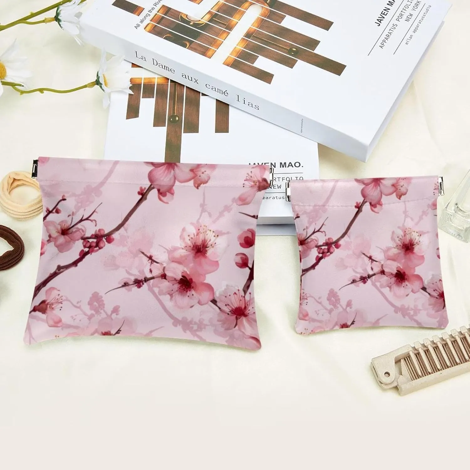 Small Pocket Cosmetic Bag, Squeeze Top Travel Makeup Bag for Purse, No Zipper Self-Closing Mini Makeup Pouch for Women Girls, Pink Cherry Blossom Pattern
