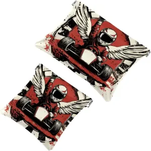 Small Pocket Cosmetic Bag, Squeeze Top Travel Makeup Bag for Purse, No Zipper Self-Closing Mini Makeup Pouch for Women Girls, Vintage Racer with Checkered Flags and Wings Pattern