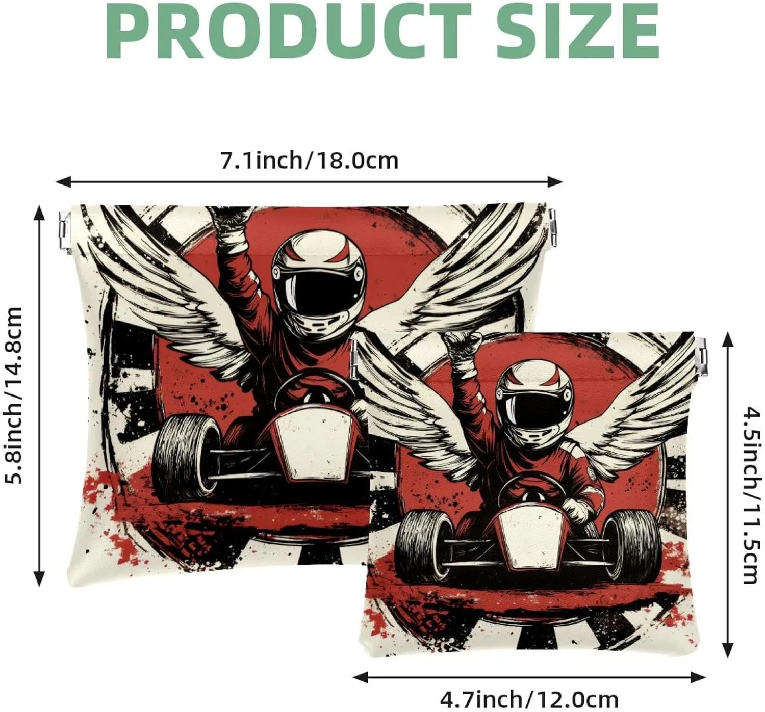Small Pocket Cosmetic Bag, Squeeze Top Travel Makeup Bag for Purse, No Zipper Self-Closing Mini Makeup Pouch for Women Girls, Vintage Racer with Checkered Flags and Wings Pattern