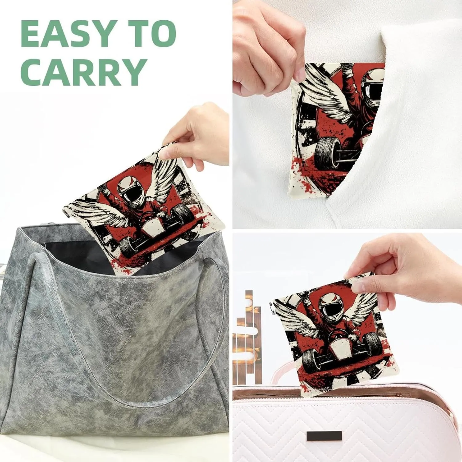 Small Pocket Cosmetic Bag, Squeeze Top Travel Makeup Bag for Purse, No Zipper Self-Closing Mini Makeup Pouch for Women Girls, Vintage Racer with Checkered Flags and Wings Pattern