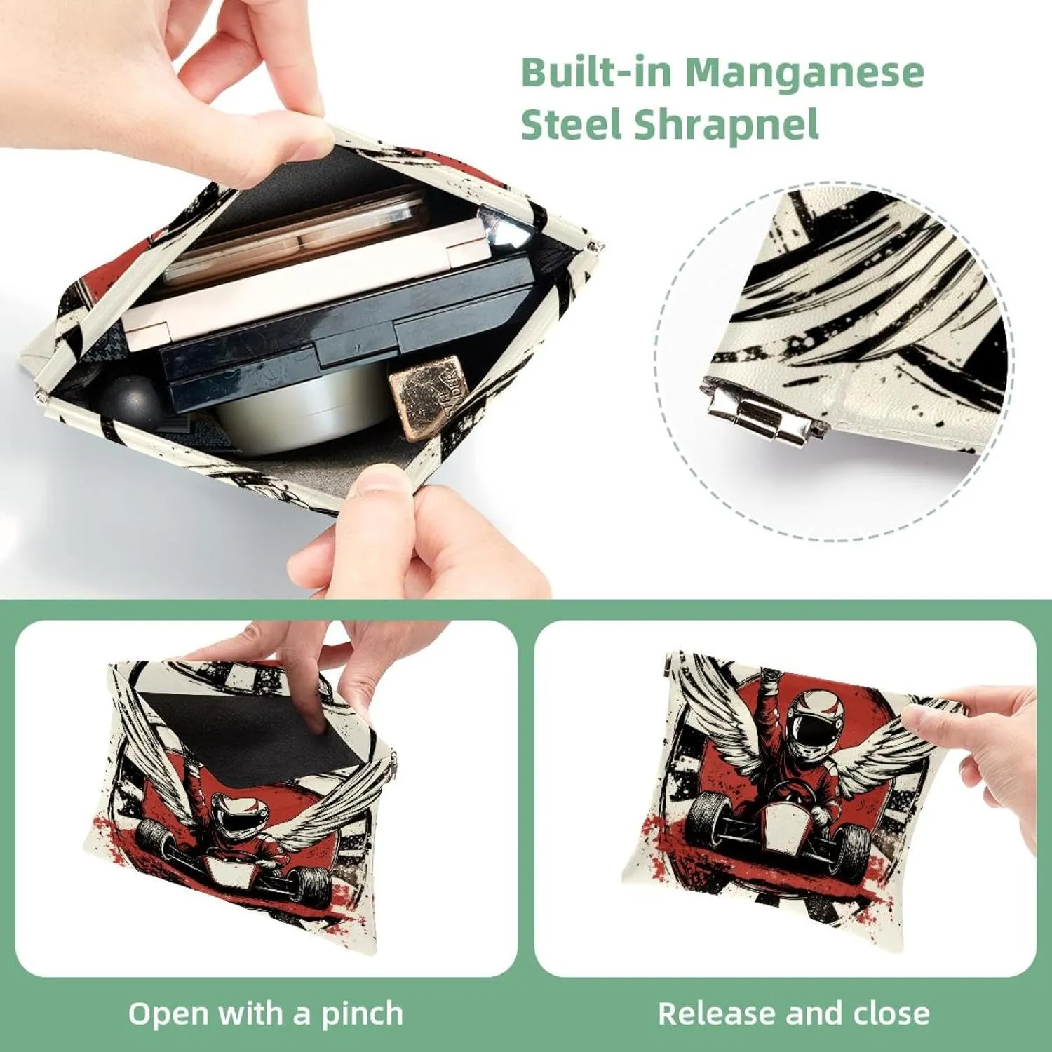 Small Pocket Cosmetic Bag, Squeeze Top Travel Makeup Bag for Purse, No Zipper Self-Closing Mini Makeup Pouch for Women Girls, Vintage Racer with Checkered Flags and Wings Pattern