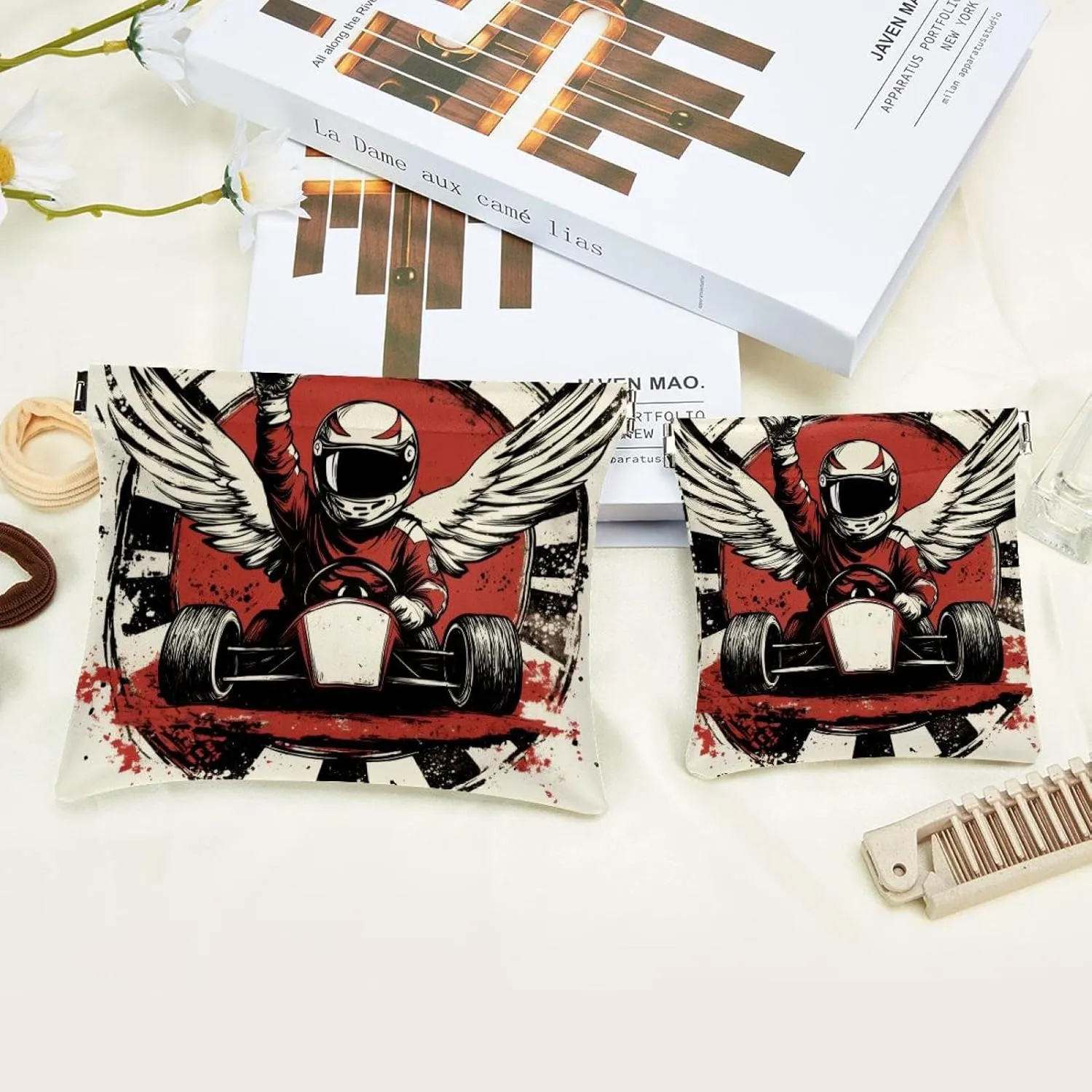 Small Pocket Cosmetic Bag, Squeeze Top Travel Makeup Bag for Purse, No Zipper Self-Closing Mini Makeup Pouch for Women Girls, Vintage Racer with Checkered Flags and Wings Pattern
