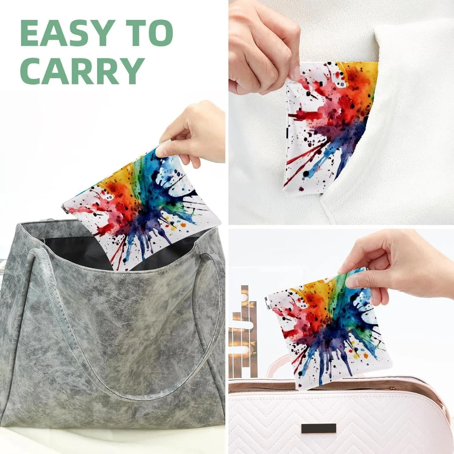 Small Pocket Cosmetic Bag, Squeeze Top Travel Makeup Bag for Purse, No Zipper Self-Closing Mini Makeup Pouch for Women Girls, Watercolor Abstract Colorful Texture