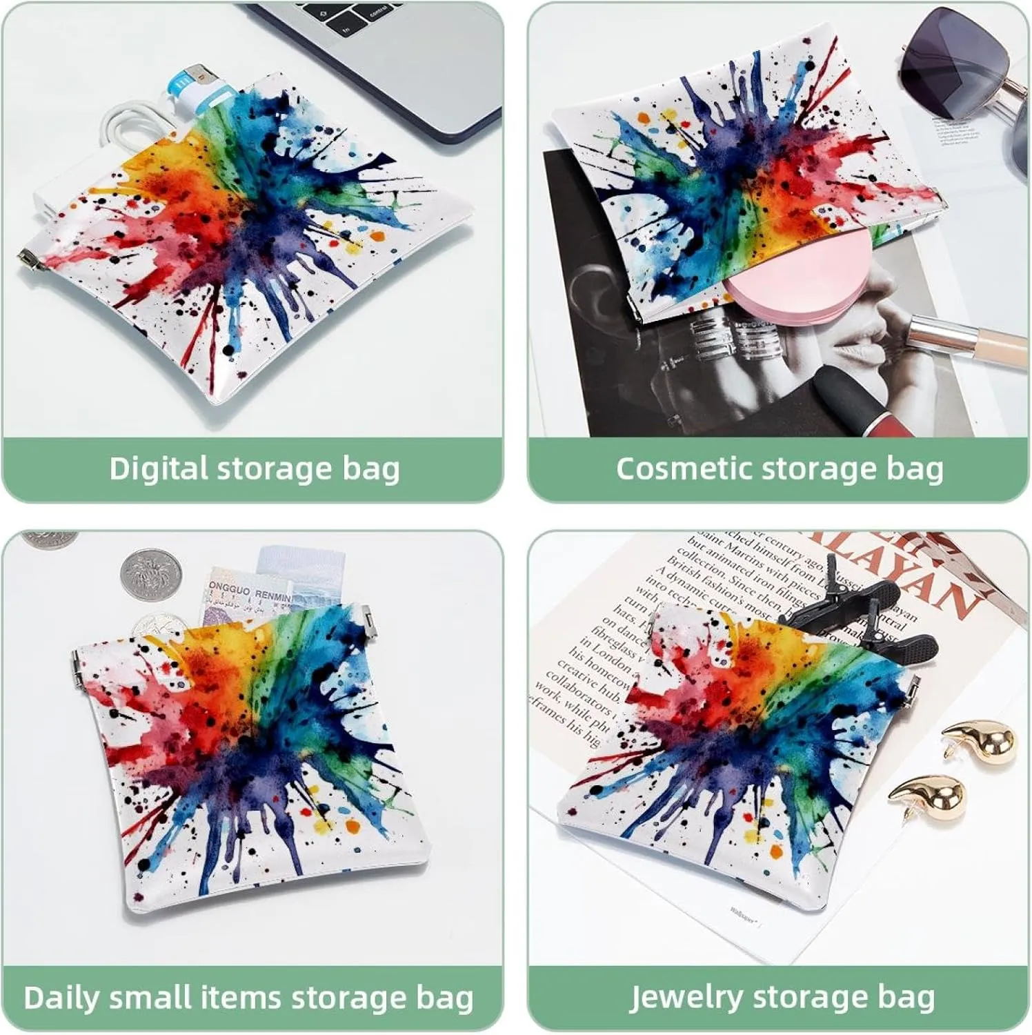 Small Pocket Cosmetic Bag, Squeeze Top Travel Makeup Bag for Purse, No Zipper Self-Closing Mini Makeup Pouch for Women Girls, Watercolor Abstract Colorful Texture