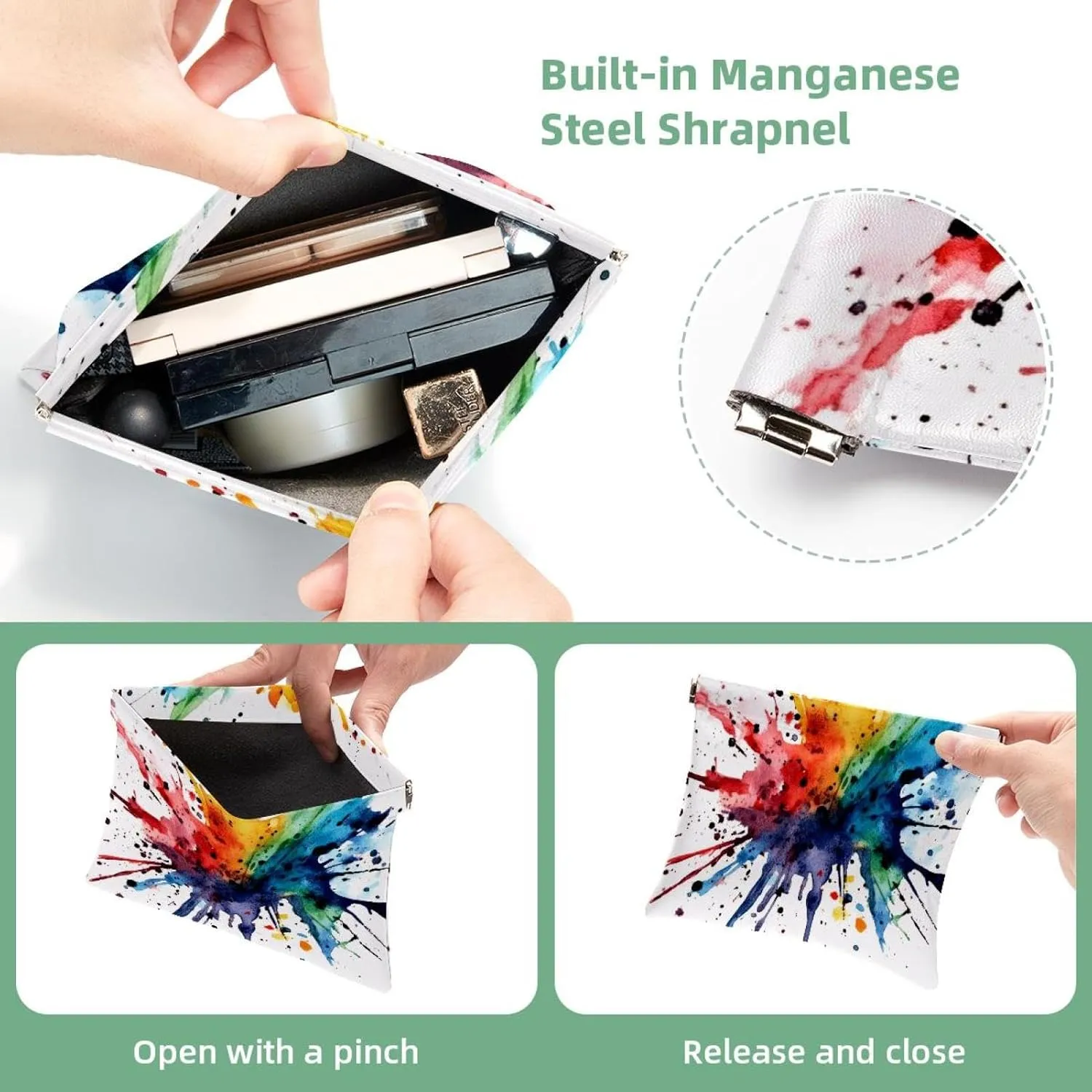 Small Pocket Cosmetic Bag, Squeeze Top Travel Makeup Bag for Purse, No Zipper Self-Closing Mini Makeup Pouch for Women Girls, Watercolor Abstract Colorful Texture