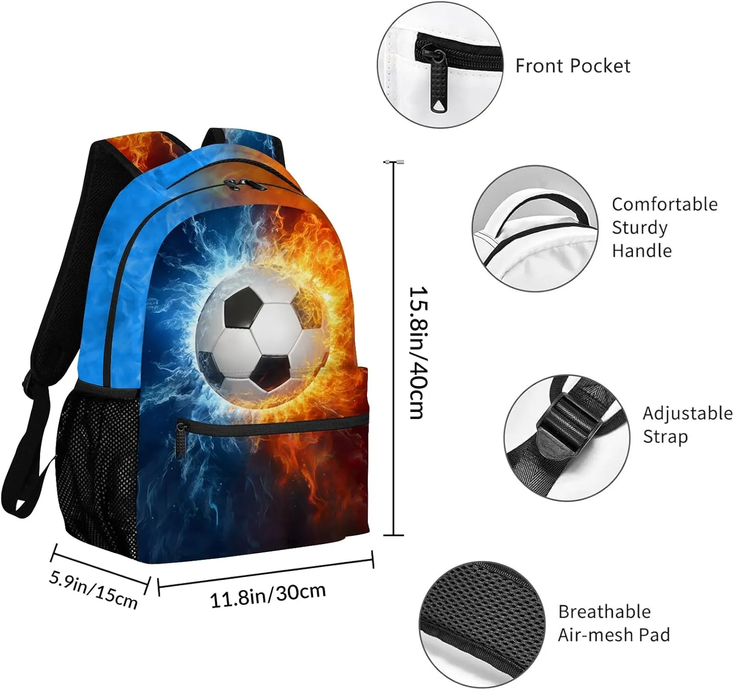 Soccer Backpack for Boys, Cool Fire and Ice Soccer Backpack for School, Boys Soccer Bookbag, Soccer School Backpack for Teen Boys Kids Bookbag Daypack School Bag, 16 Inch