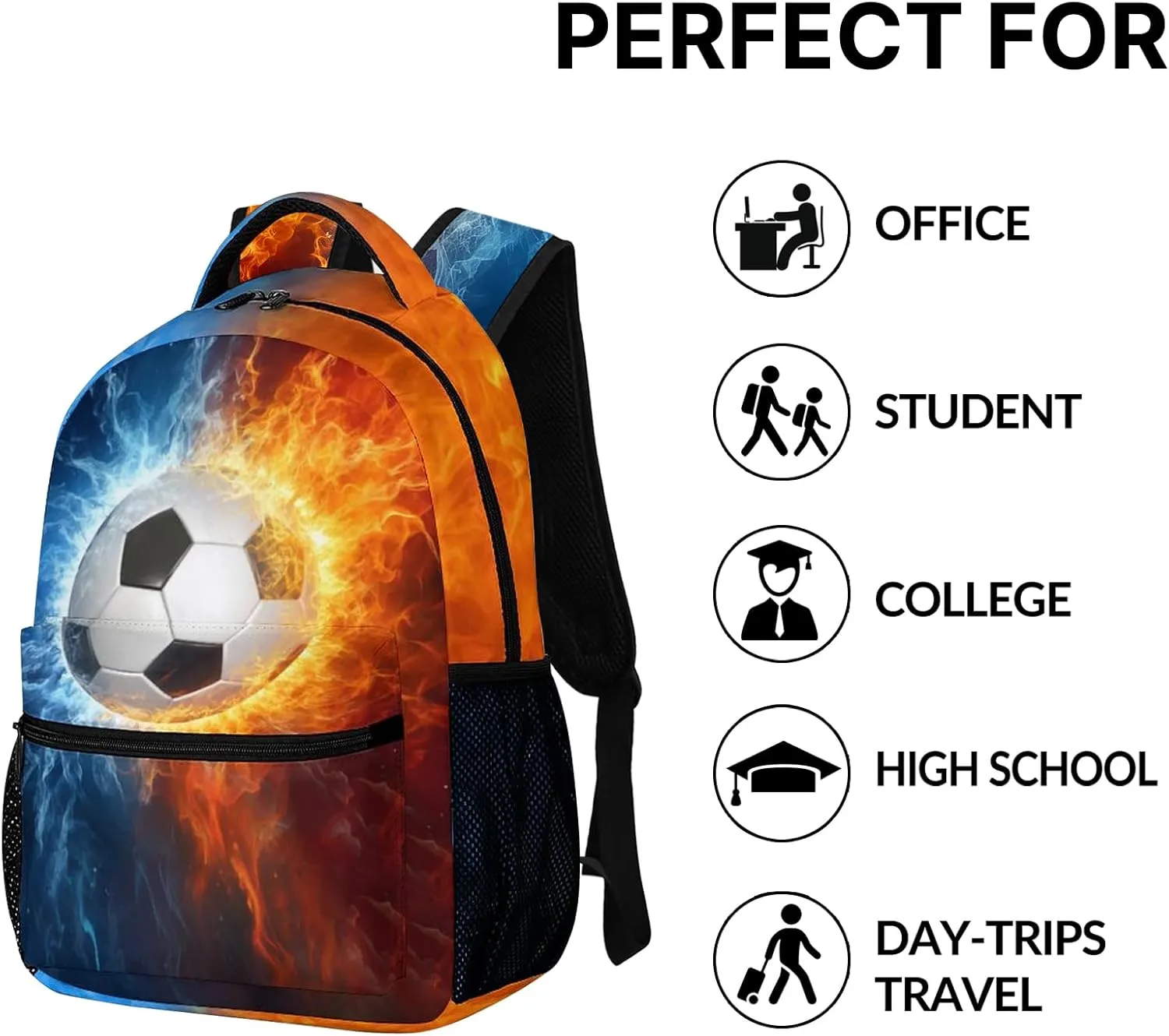 Soccer Backpack for Boys, Cool Fire and Ice Soccer Backpack for School, Boys Soccer Bookbag, Soccer School Backpack for Teen Boys Kids Bookbag Daypack School Bag, 16 Inch