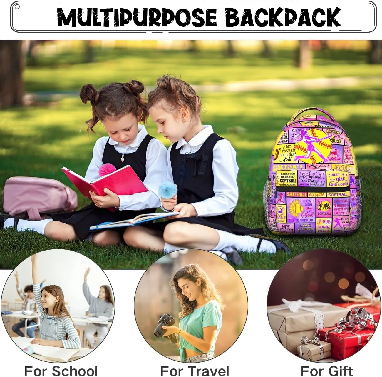Softball Backpack For Girls 16 Inch Large Capacity Backpacks Casual Softball Bookbag Laptop Gifts For Kids Teen Girls