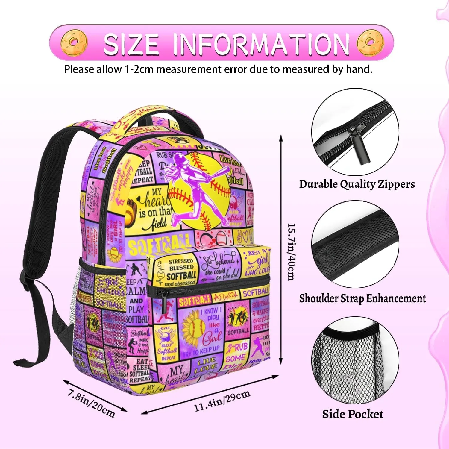 Softball Backpack For Girls 16 Inch Large Capacity Backpacks Casual Softball Bookbag Laptop Gifts For Kids Teen Girls