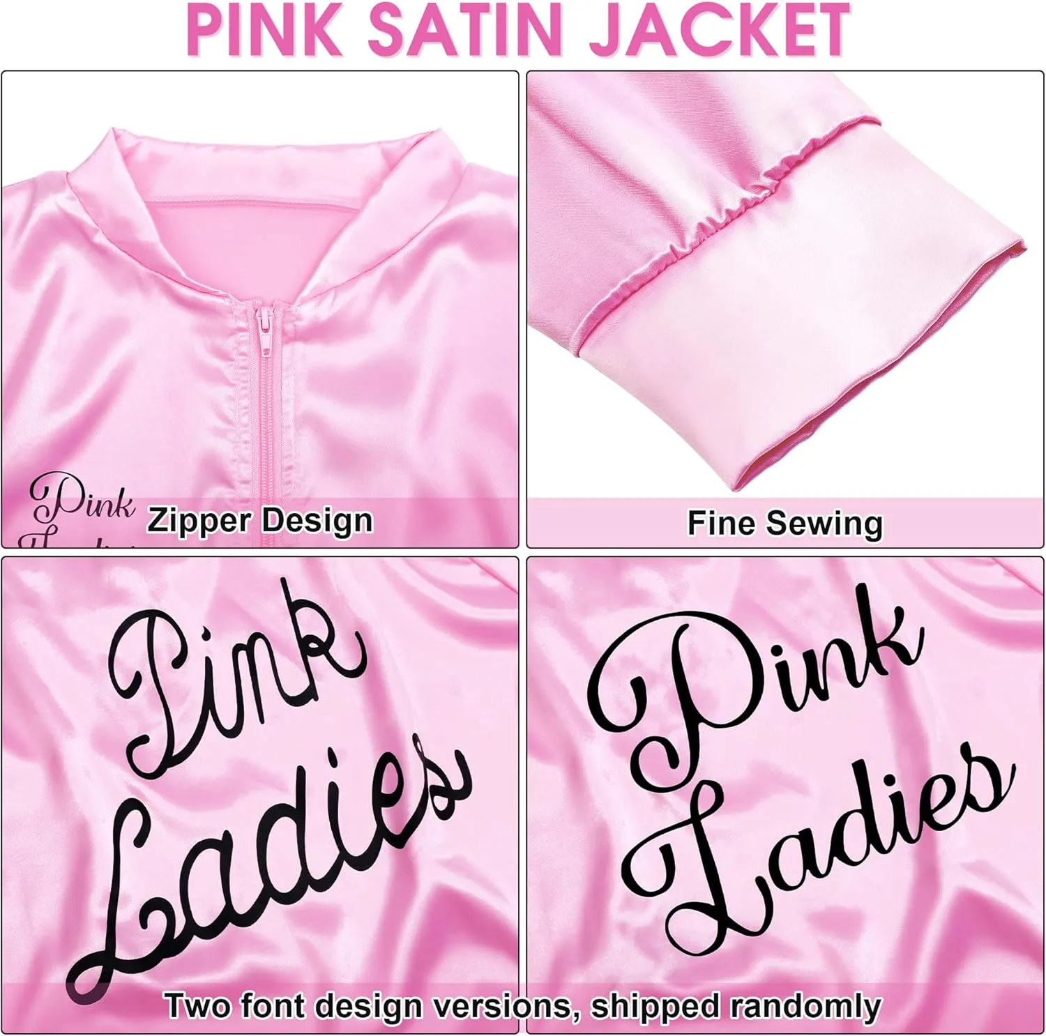 SOMSOC 1950s Pink Satin Jacket with Neck Scarf Headband Earrings Cat Eye Glasses Halloween Cosplay Costume Set for Women Girl