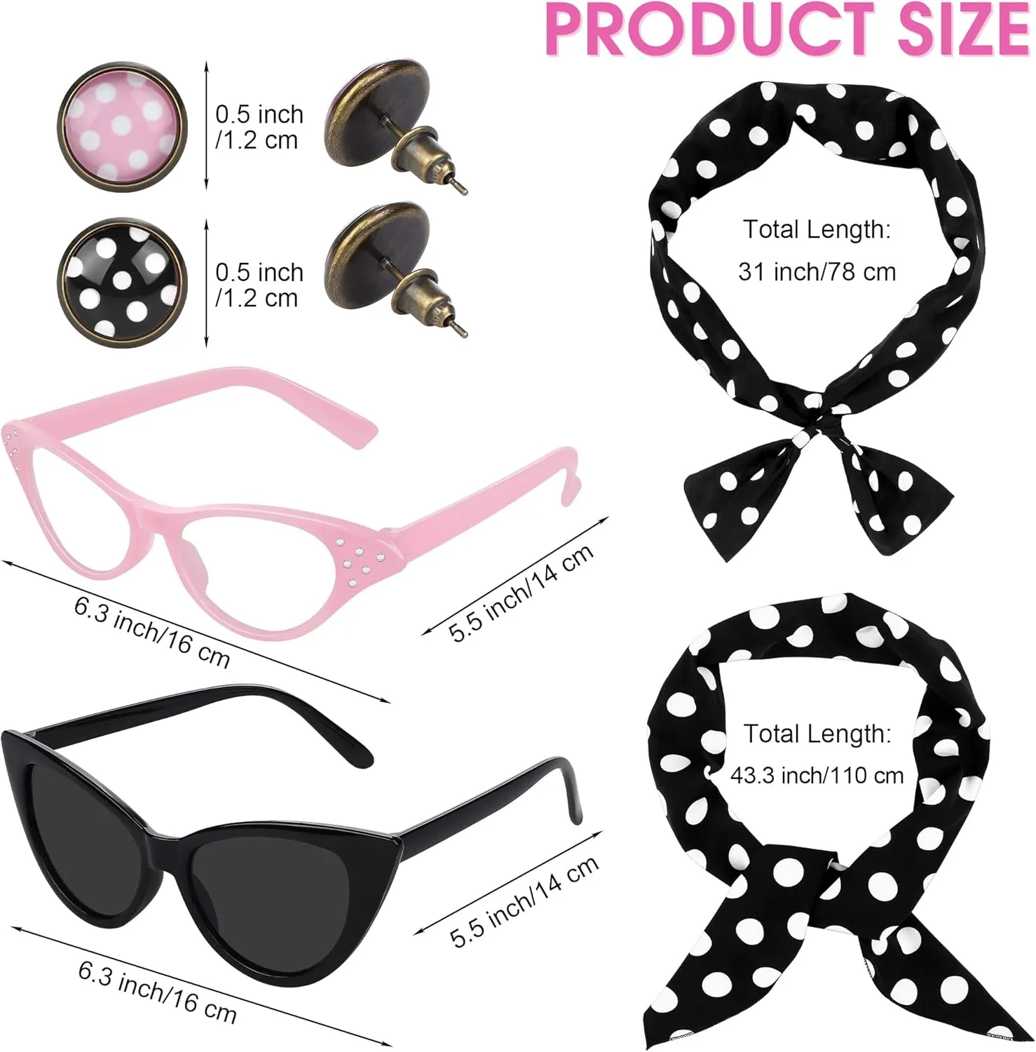 SOMSOC 1950s Pink Satin Jacket with Neck Scarf Headband Earrings Cat Eye Glasses Halloween Cosplay Costume Set for Women Girl