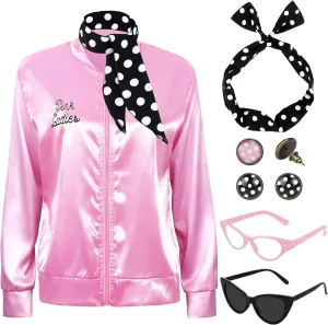 SOMSOC 1950s Pink Satin Jacket with Neck Scarf Headband Earrings Cat Eye Glasses Halloween Cosplay Costume Set for Women Girl