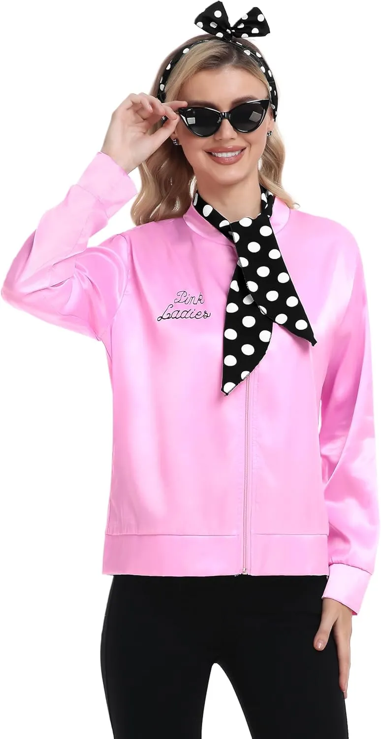 SOMSOC 1950s Pink Satin Jacket with Neck Scarf Headband Earrings Cat Eye Glasses Halloween Cosplay Costume Set for Women Girl