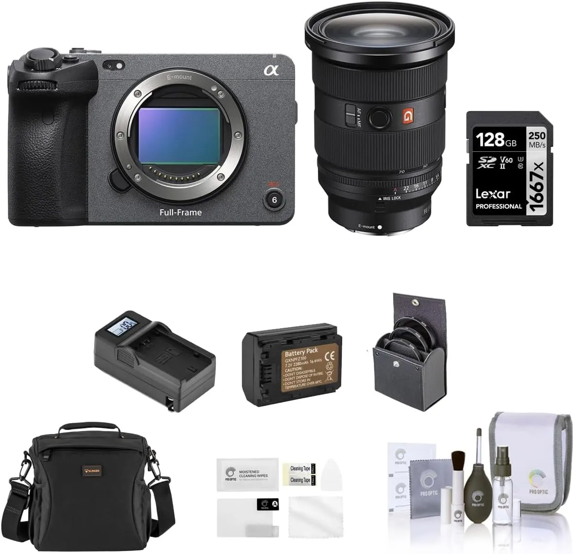Sony FX3 Full-Frame Cinema Line Camera with 24-70mm Lens, Bundle with 128GB V90 SD Memory Card, Shoulder Bag, Extra Battery, Charger, 82mm Filter Kit, Screen Protector, Cleaning Kit