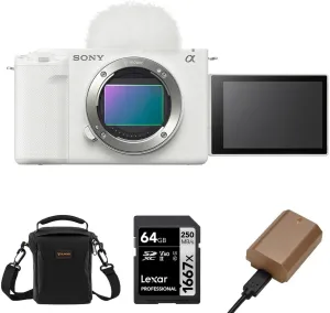 Sony ZV-E1 Full-Frame Interchangeable Lens Mirrorless Vlog Camera, White - Bundle with Alpine 120 Shoulder Bag, 64GB UHS-II SDXC Memory Card, Extra Battery