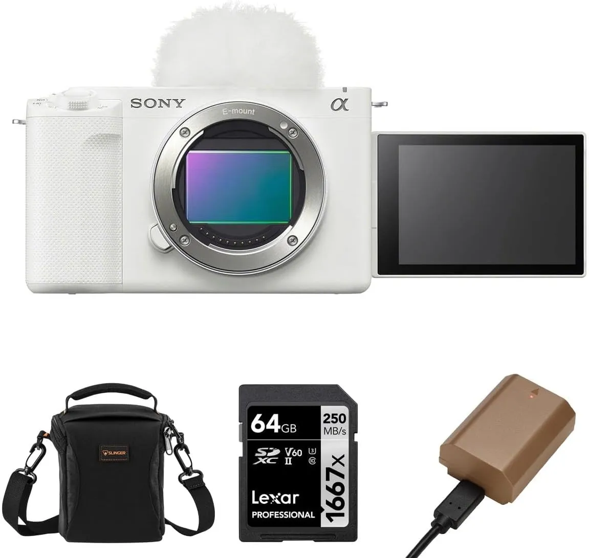 Sony ZV-E1 Full-Frame Interchangeable Lens Mirrorless Vlog Camera, White - Bundle with Alpine 120 Shoulder Bag, 64GB UHS-II SDXC Memory Card, Extra Battery