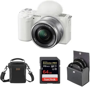 Sony ZV-E10 APS-C Mirrorless Interchangeable Lens Vlogging Camera with 16-50mm Lens, White - Bundle with 64GB SD Card, Shoulder Bag, 40.5mm Filter Kit