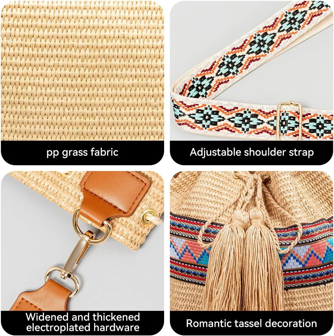 Straw Bucket Bag, Women Crossbody Shoulder Bag Drawstring Closure Hobo Bag Purses