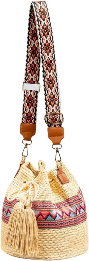 Straw Bucket Bag, Women Crossbody Shoulder Bag Drawstring Closure Hobo Bag Purses