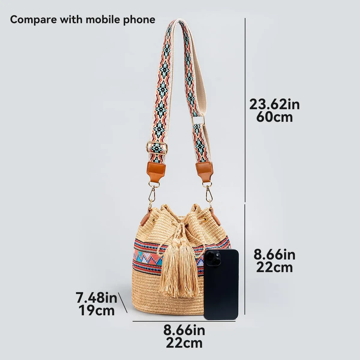 Straw Bucket Bag, Women Crossbody Shoulder Bag Drawstring Closure Hobo Bag Purses