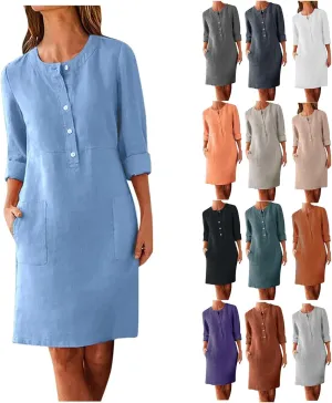 Summer Dresses for Women 2025 Button Casual Long Sleeve Cotton Linen Sundress Elegant Formal Work Dress with Pockets