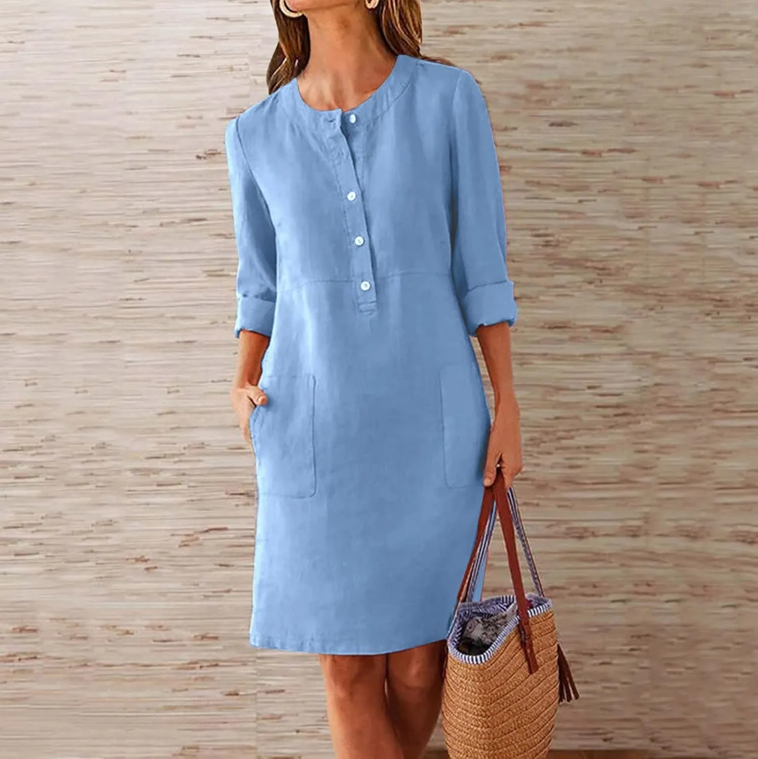 Summer Dresses for Women 2025 Button Casual Long Sleeve Cotton Linen Sundress Elegant Formal Work Dress with Pockets