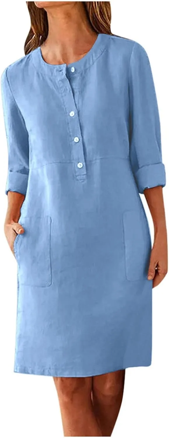 Summer Dresses for Women 2025 Button Casual Long Sleeve Cotton Linen Sundress Elegant Formal Work Dress with Pockets