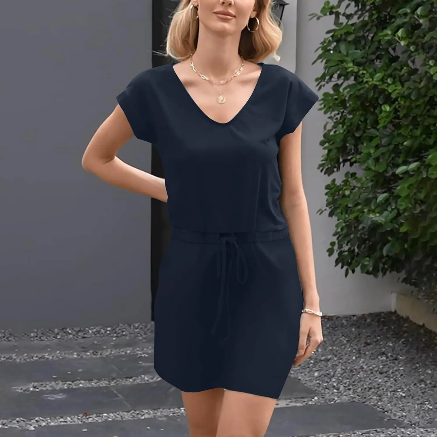 Summer Dresses for Women Tie Front A-Line Double Layer Hem Mini Dresses Beach Work Casual Sundress with Pockets