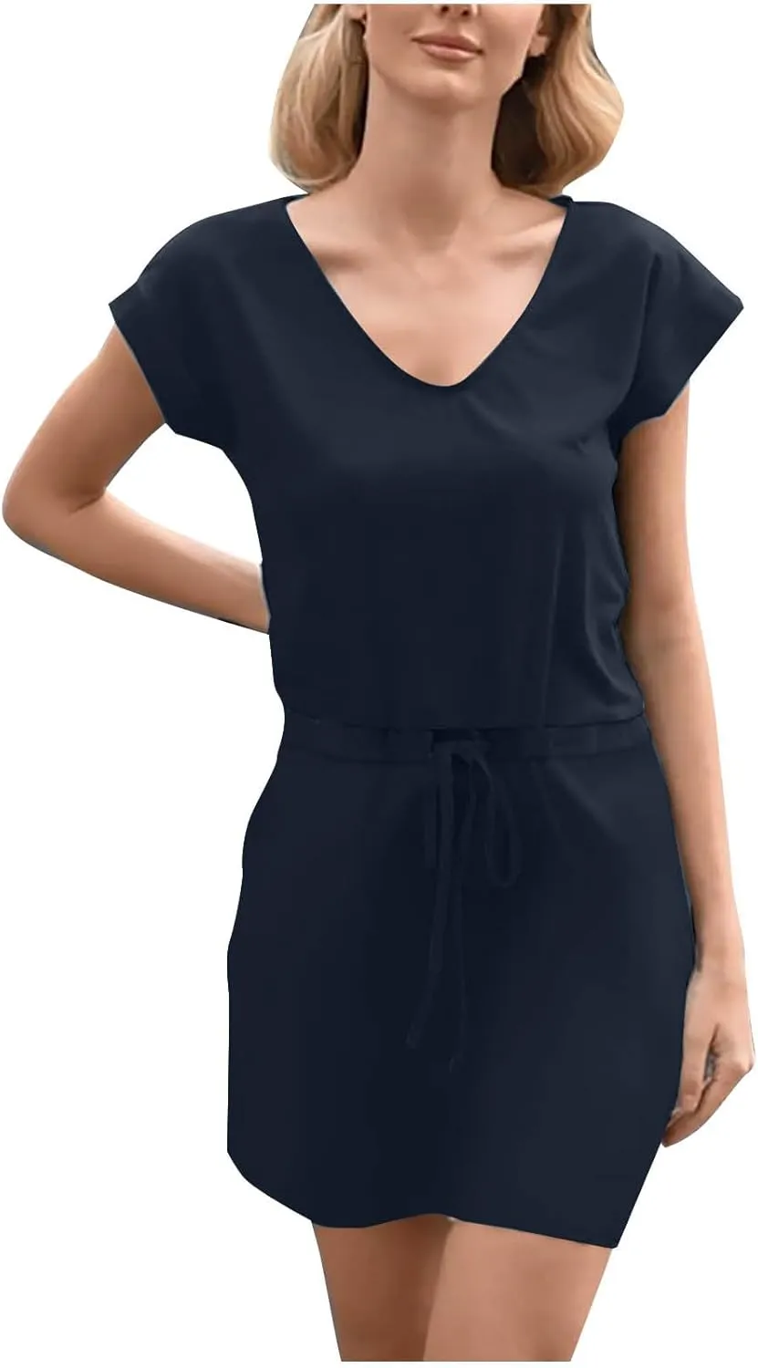 Summer Dresses for Women Tie Front A-Line Double Layer Hem Mini Dresses Beach Work Casual Sundress with Pockets