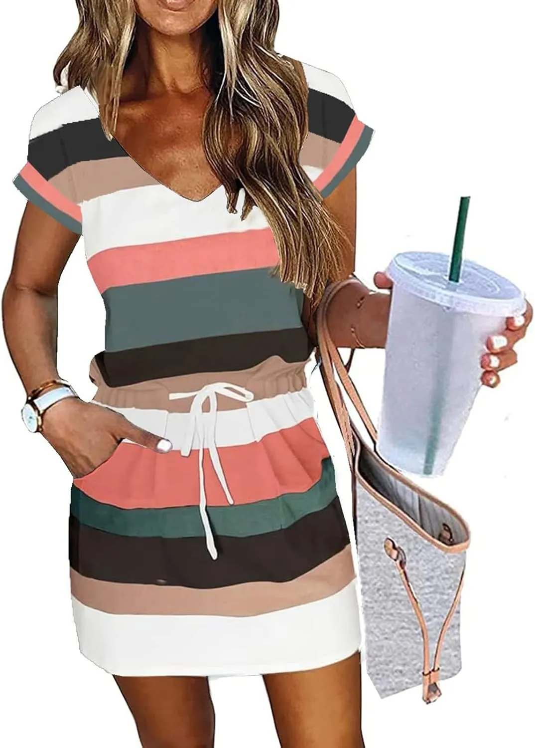 Summer Dresses for Women Tie Front A-Line Double Layer Hem Mini Dresses Beach Work Casual Sundress with Pockets