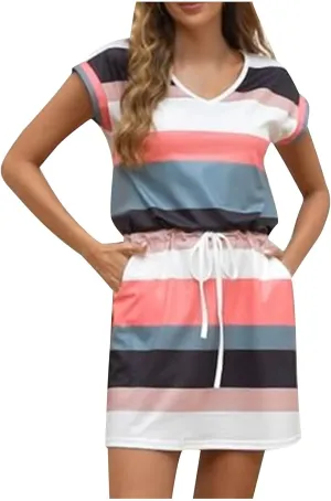 Summer Dresses for Women Tie Front A-Line Double Layer Hem Mini Dresses Beach Work Casual Sundress with Pockets