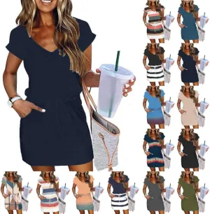 Summer Dresses for Women Tie Front A-Line Double Layer Hem Mini Dresses Beach Work Casual Sundress with Pockets