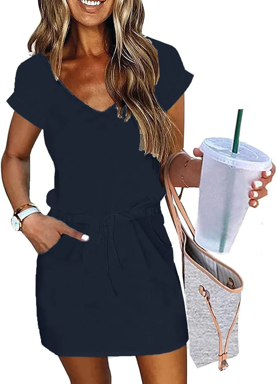 Summer Dresses for Women Tie Front A-Line Double Layer Hem Mini Dresses Beach Work Casual Sundress with Pockets