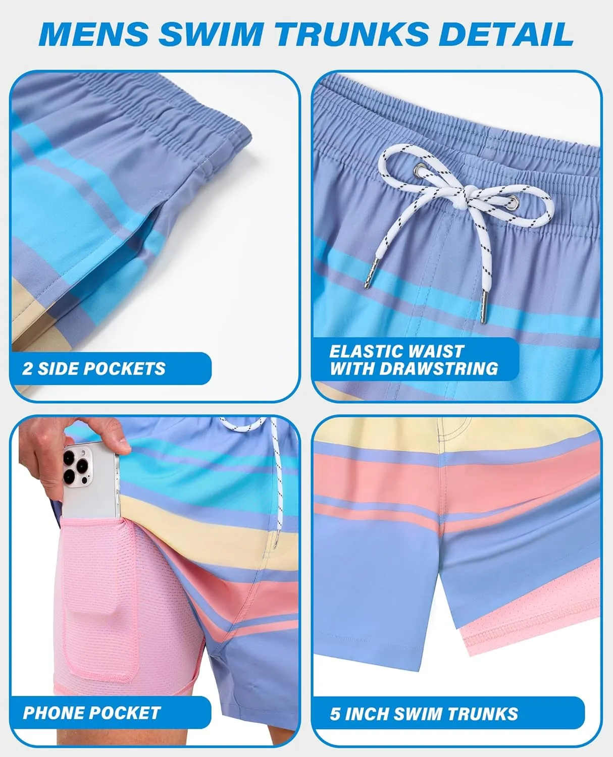 Swim Trunks Mens 5 Inch Inseam Compression Liner Short Men Bathing Suit Lined Swimming Shorts Men's Swim Suits