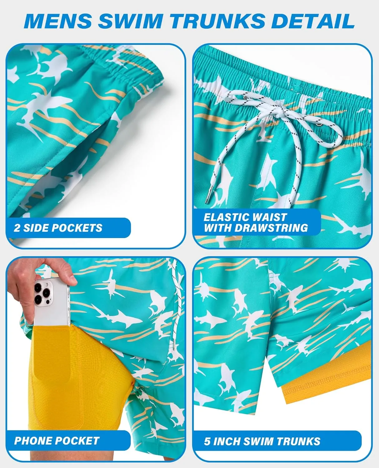 Swim Trunks Mens 5 Inch Inseam Compression Liner Short Men Bathing Suit Lined Swimming Shorts Men's Swim Suits