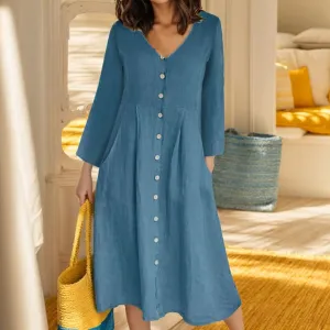 TIAFORD Women Button Down Cotton Linen Dress Casual Long Sleeve V Neck Beach Midi Dress Flowy Loose Dress 2024 with Pocket