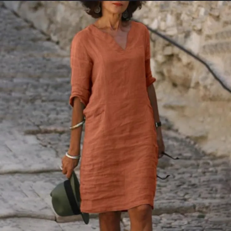 TIAFORD Women Casual Cotton Linen Midi Dress Summer V Neck Half Sleeve Beach Flowy Loose Solid Tunic Dress 2025
