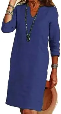 TIAFORD Women Casual Cotton Linen Midi Dress Summer V Neck Half Sleeve Beach Flowy Loose Solid Tunic Dress 2025